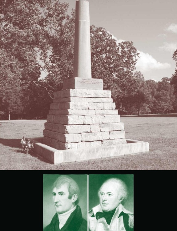 Meriwether Lewis monument with broken column near Grinder’s Stand; dossier portraits of Lewis and General James Wilkinson