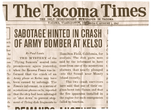 Tacoma Times, 1 August 1947 — Sabotage Hinted in Crash of Army Bomber at Kelso, by Paul Lantz